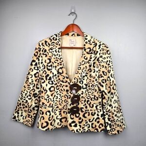 NANETTE LEPORE‎ Leopard Print Blazer 3/4 Sleeve Beige Artsy Buttons Womens Sz M